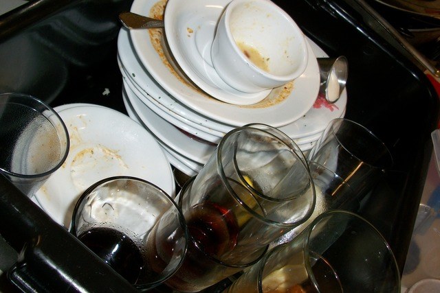 unwashed dirty dishes